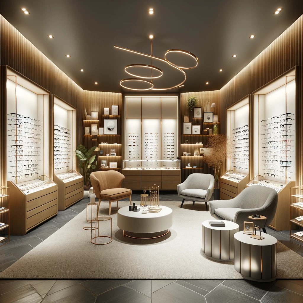 Modern luxury eyeglasses optical store interior with warm lighting and elegant seating area