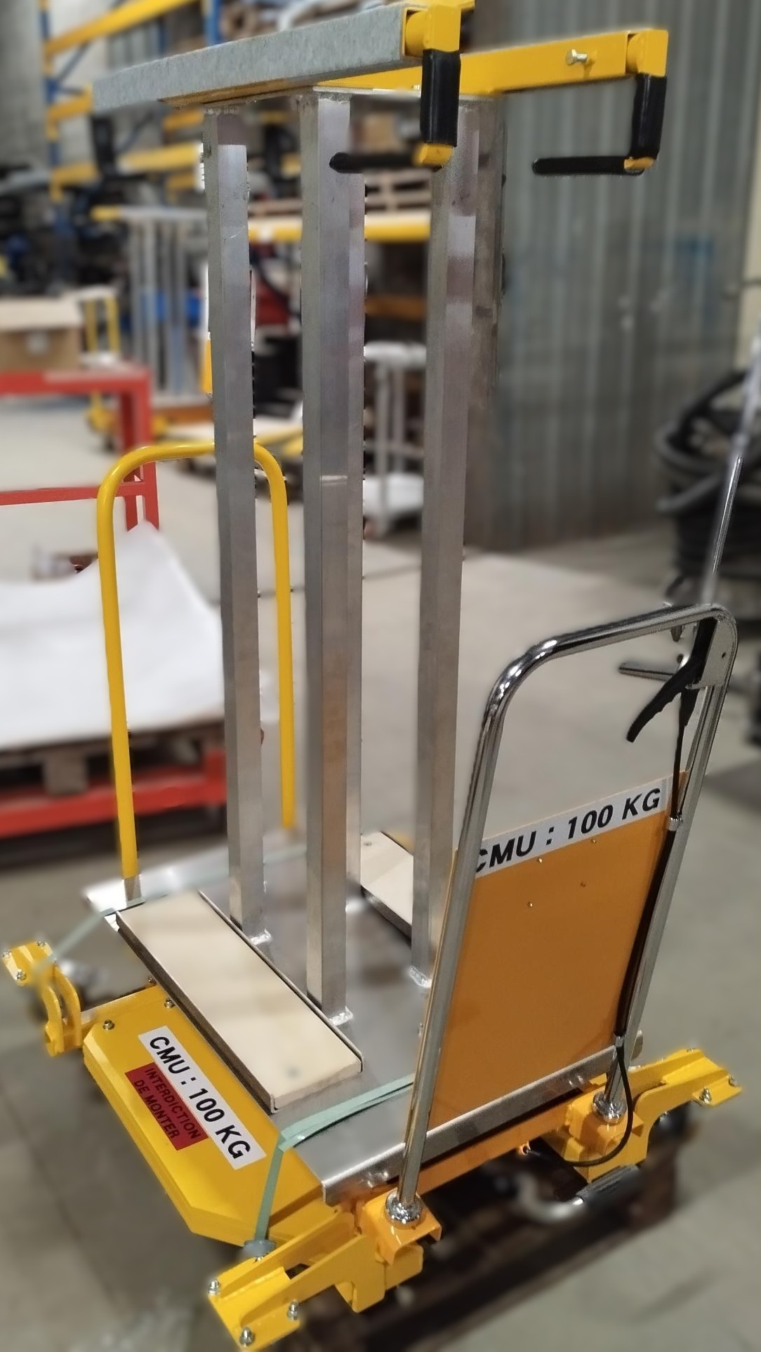 Chariot sur mesure avec table élévatrice pour déplacement sécurisé de vantaux de porte en production