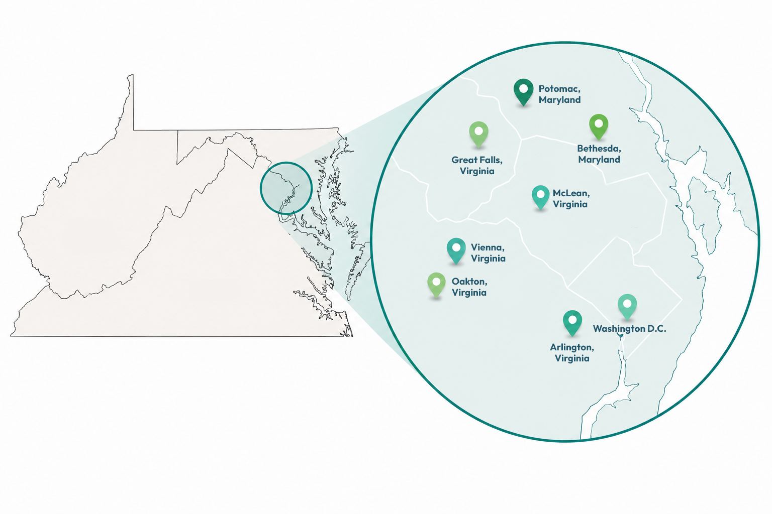 A map of the Greater DC Area of Maryland, Virginia, and Washington, DC that Rossen Landscape serves.