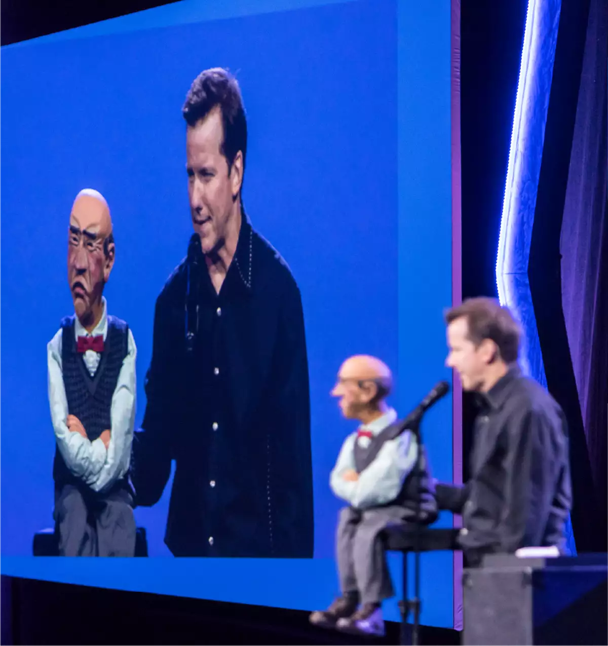 A ventriloquist entertainer, booked by Imprint, performs at the Mellanox Conference general session