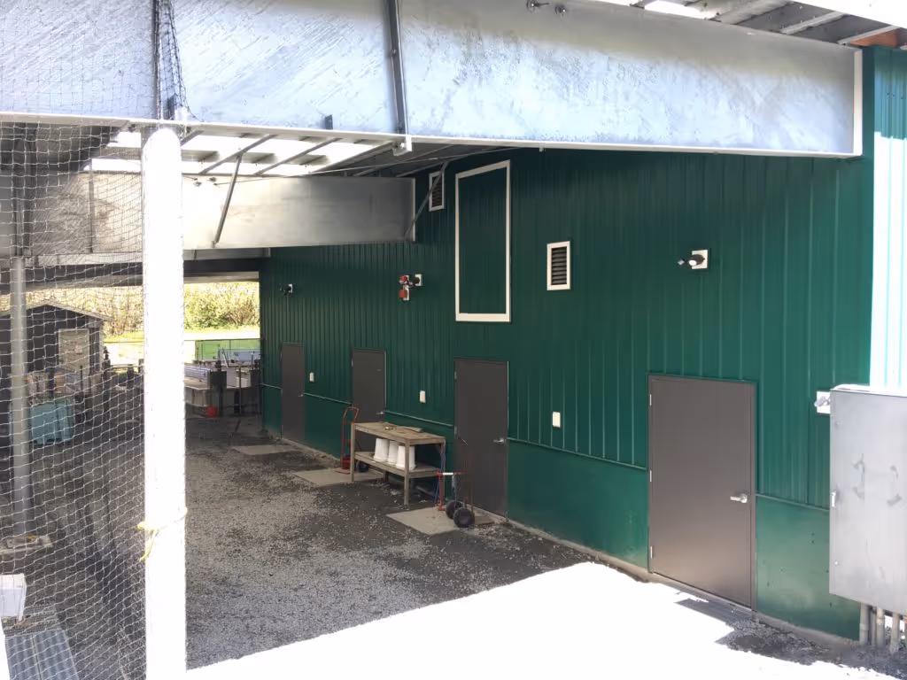 Outdoor view of a green industrial building wall with multiple brown doors, security cameras, and a table with some items underneath a metal overhang.