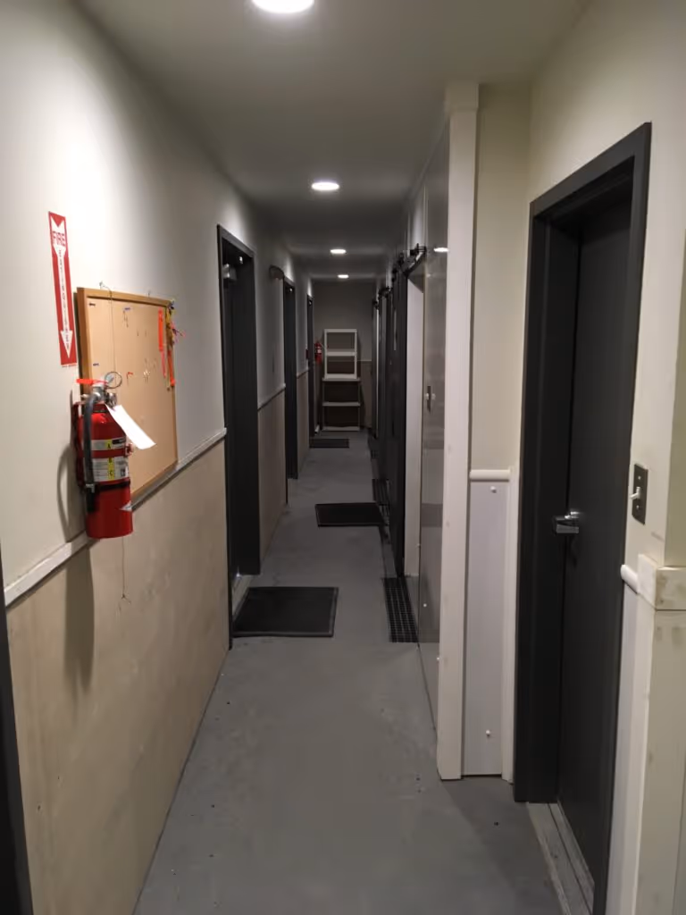 Narrow hallway with multiple closed dark doors on both sides, gray floor mats, overhead lights, and a fire extinguisher mounted on the left wall.