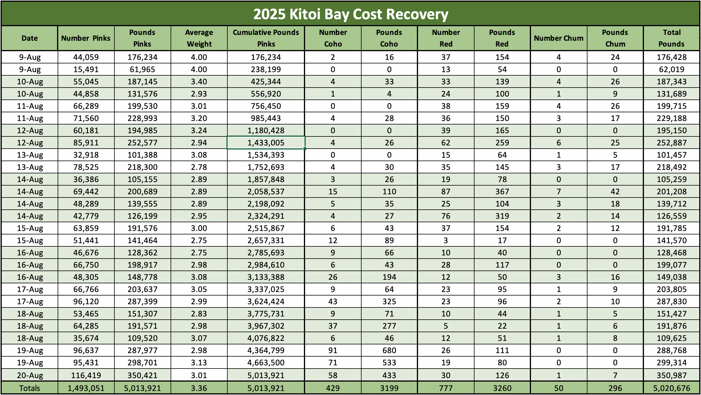 Table showing 2025 Kitoi Bay cost recovery data with columns for date, number and pounds of pinks, average weight, cumulative pounds of pinks, number and pounds of coho, number and pounds of red, number and pounds of chum, and total pounds from August 9 to August 20 and totals at bottom.