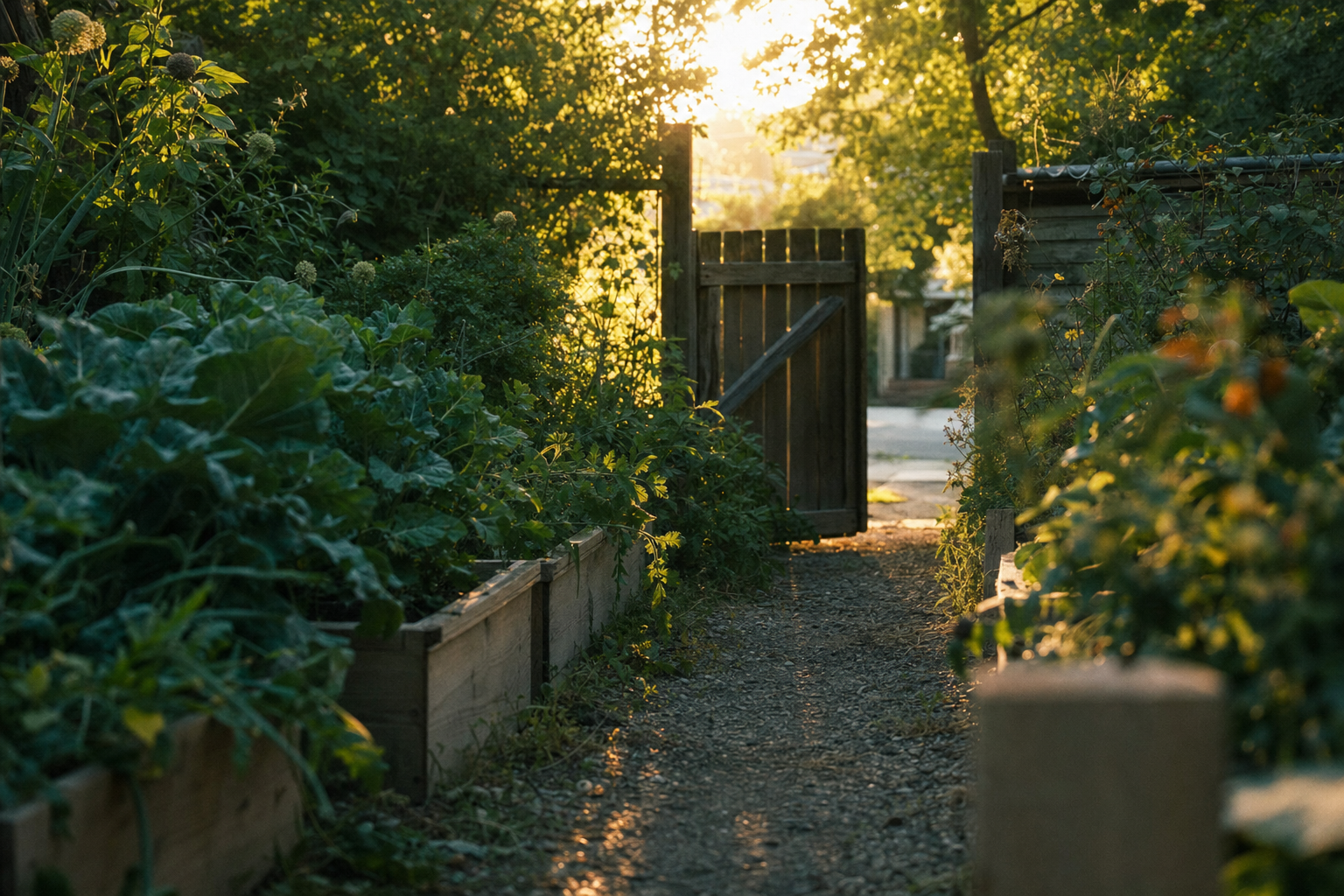 A narrow gravel garden path lined with overgrown plants leads to a worn wooden gate standing open onto a sunlit street at golden hour.