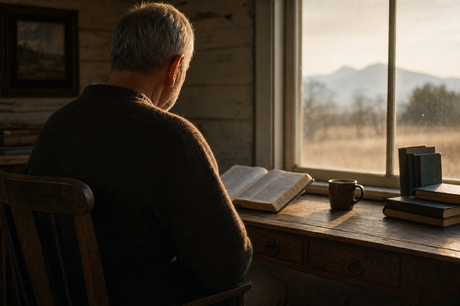 An older man seen from behind sits at a weathered wooden desk reading an open book in soft morning window light.
