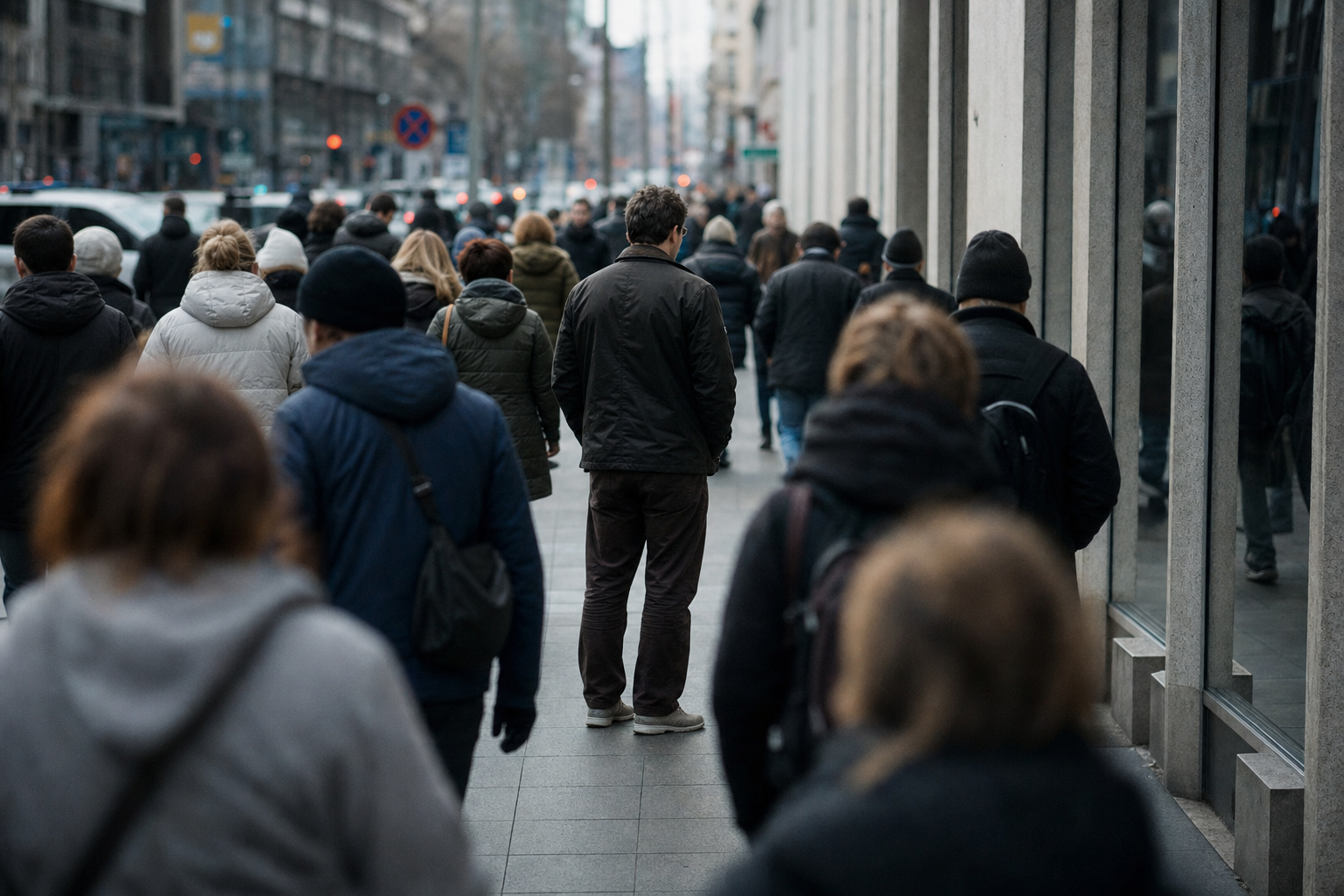 A crowd of pedestrians on a grey urban sidewalk, seen from behind, passing each other without acknowledgment in flat overcast light.