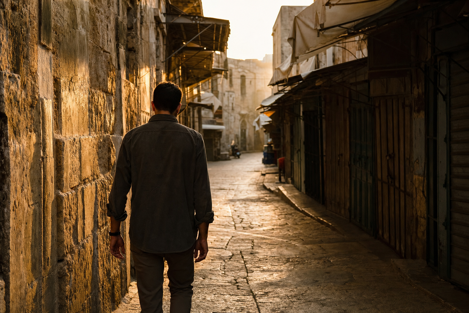 A man walks alone down a narrow, weathered market alley in golden-hour light, seen from behind, warm amber light on aged stone walls.