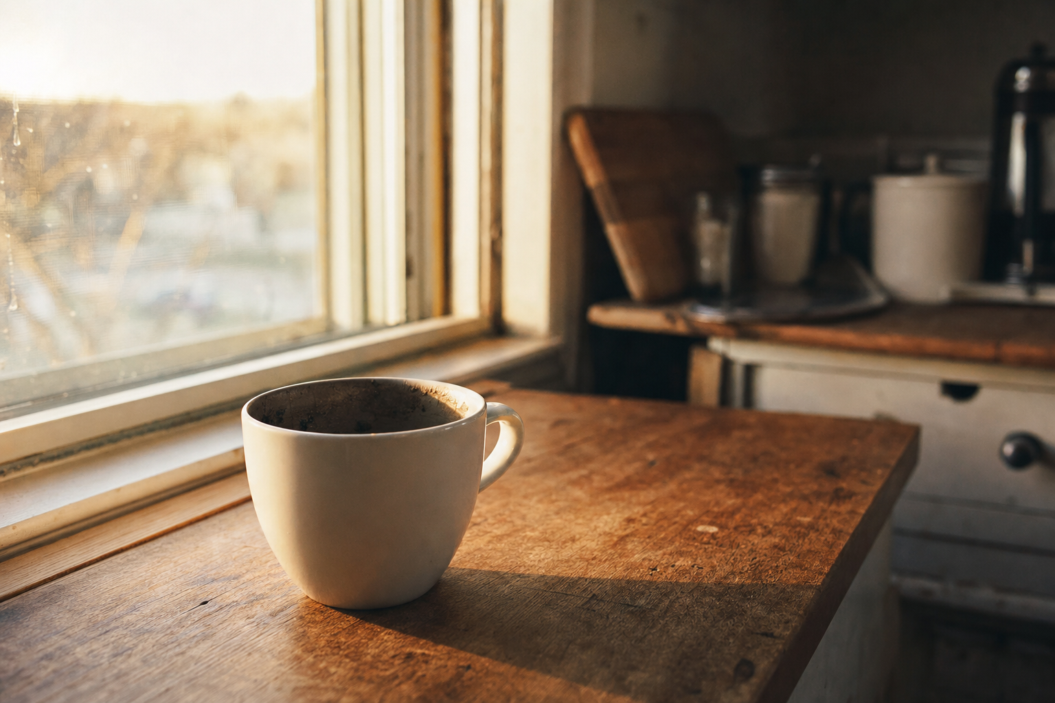 A clean ceramic cup on a worn wooden kitchen counter near a window, its polished exterior lit by soft morning light, interior dark and unwashed.