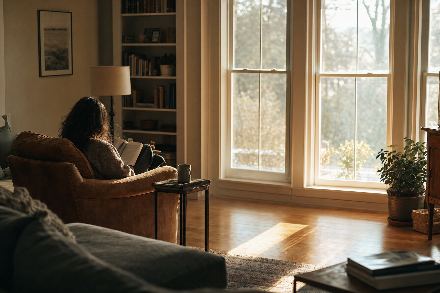 A person seen from behind sits in an armchair facing a sunlit window, a book open in their lap, morning light across a wood floor.