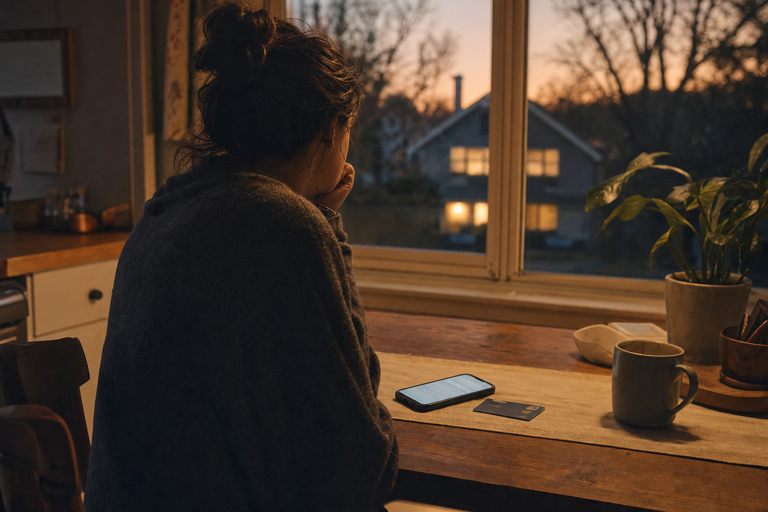 A person seen from behind sits at a kitchen table at dusk, a credit card and glowing smartphone in front of them, a neighbor's lit home visible through the window.