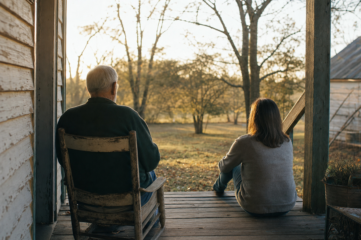 An older adult and a middle-aged adult sit together on a weathered wooden porch, seen from behind, looking out toward a sunlit yard.