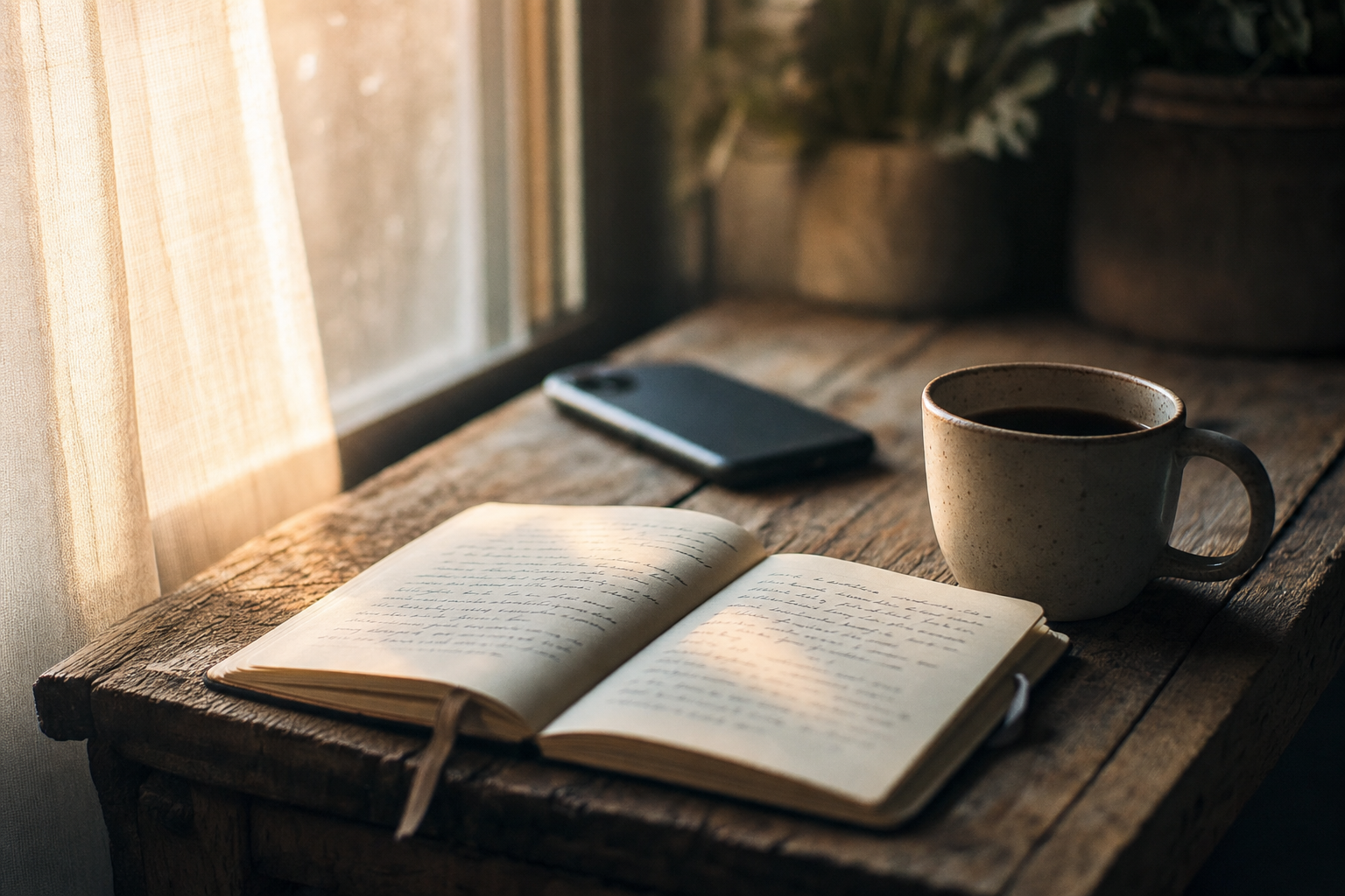 A worn wooden table in early morning window light with an open notebook, a ceramic coffee mug, and a face-down phone in the background.