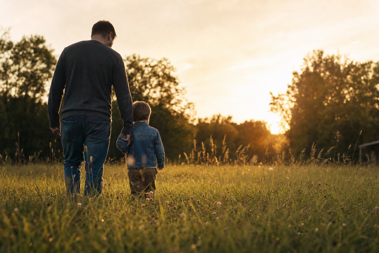 A man and young child walking together through a backyard at golden hour, seen from behind, surrounded by warm evening light and soft-focus trees.