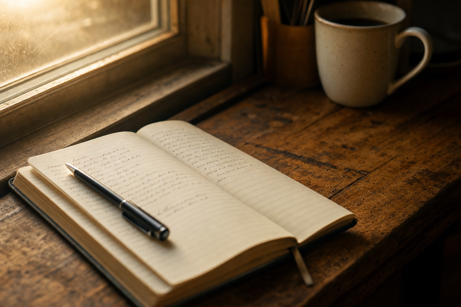 An open notebook and pen on a worn wooden desk in warm early morning window light, with a blurred ceramic mug in the background.