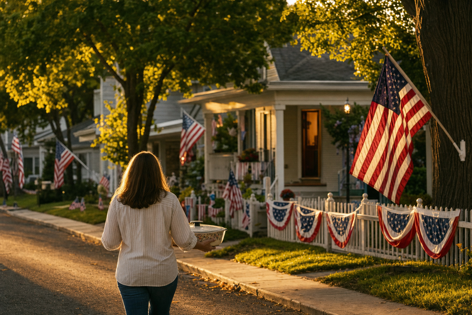 A person seen from behind carrying a covered dish along a quiet residential street in warm late-afternoon golden-hour light.
