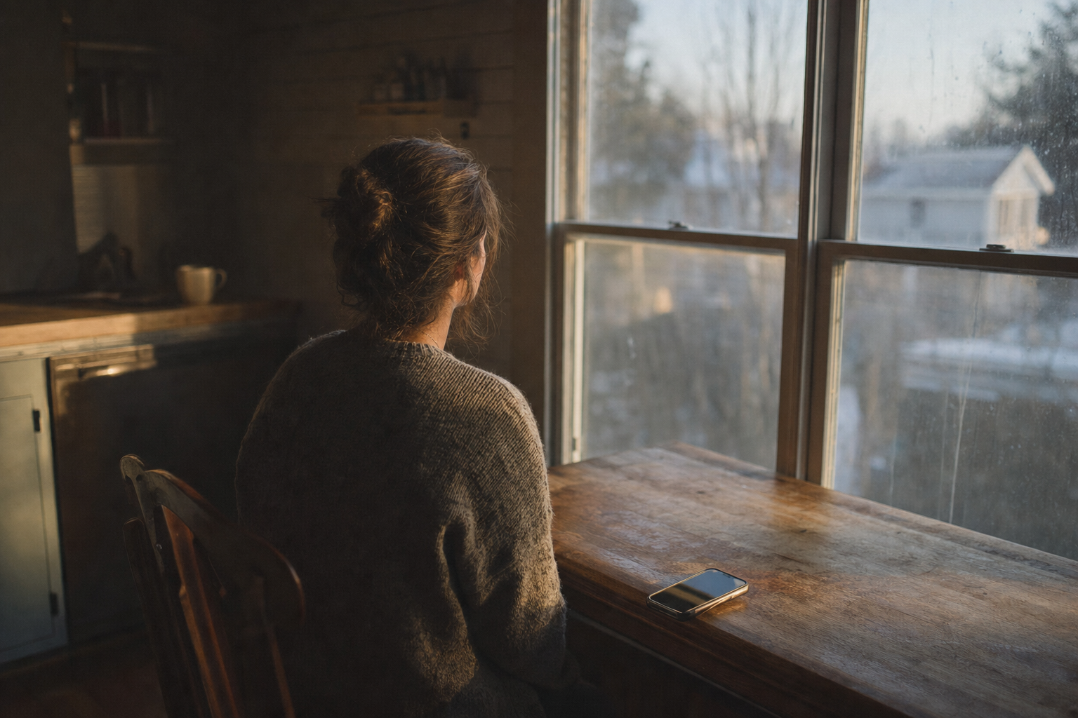 A person sitting alone at a wooden table near a large window in dim early morning light, face turned away, phone face-down beside them.