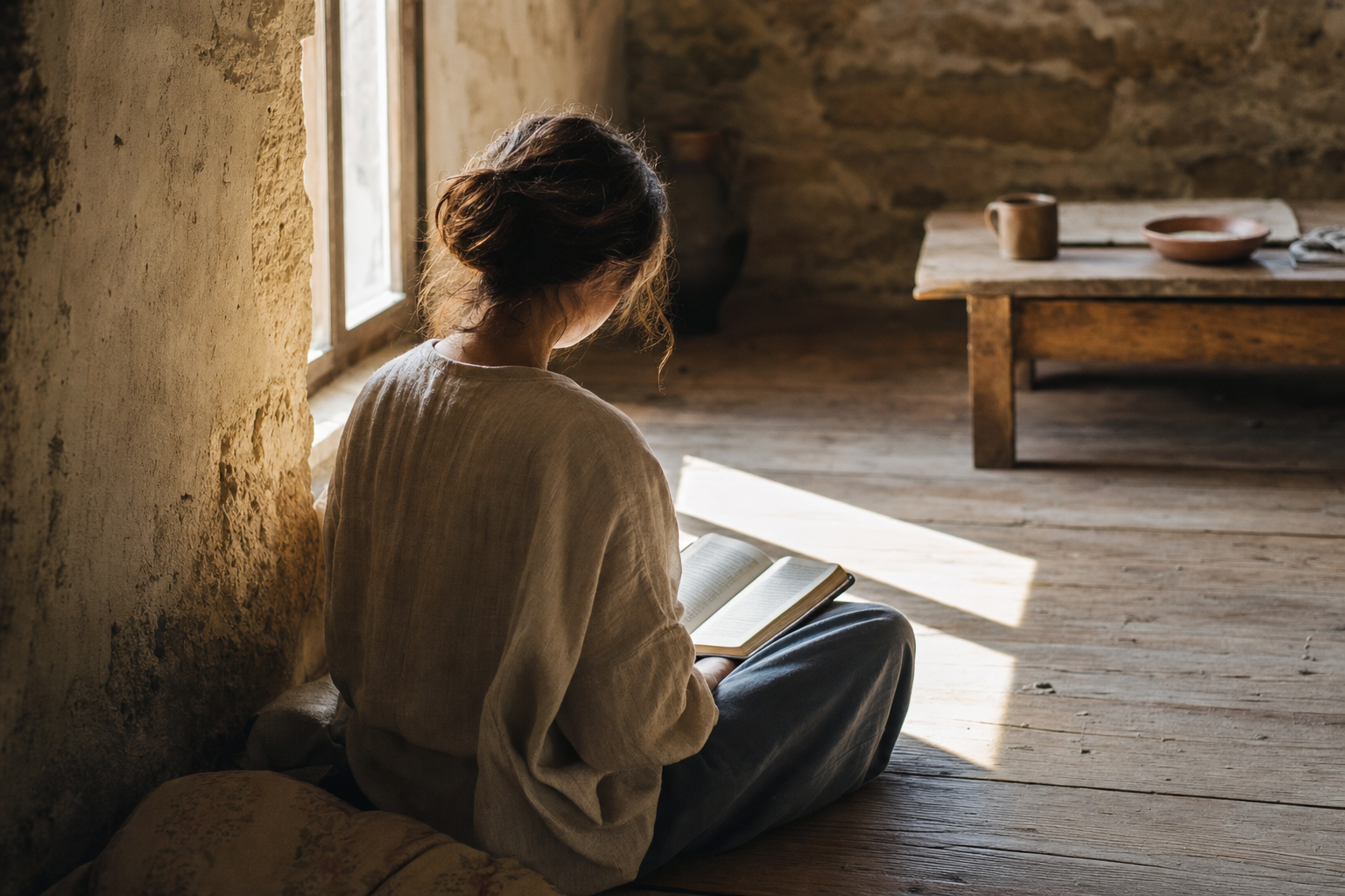 A woman sits on a worn wooden floor in morning window light, seen from behind, with an open book in her lap.