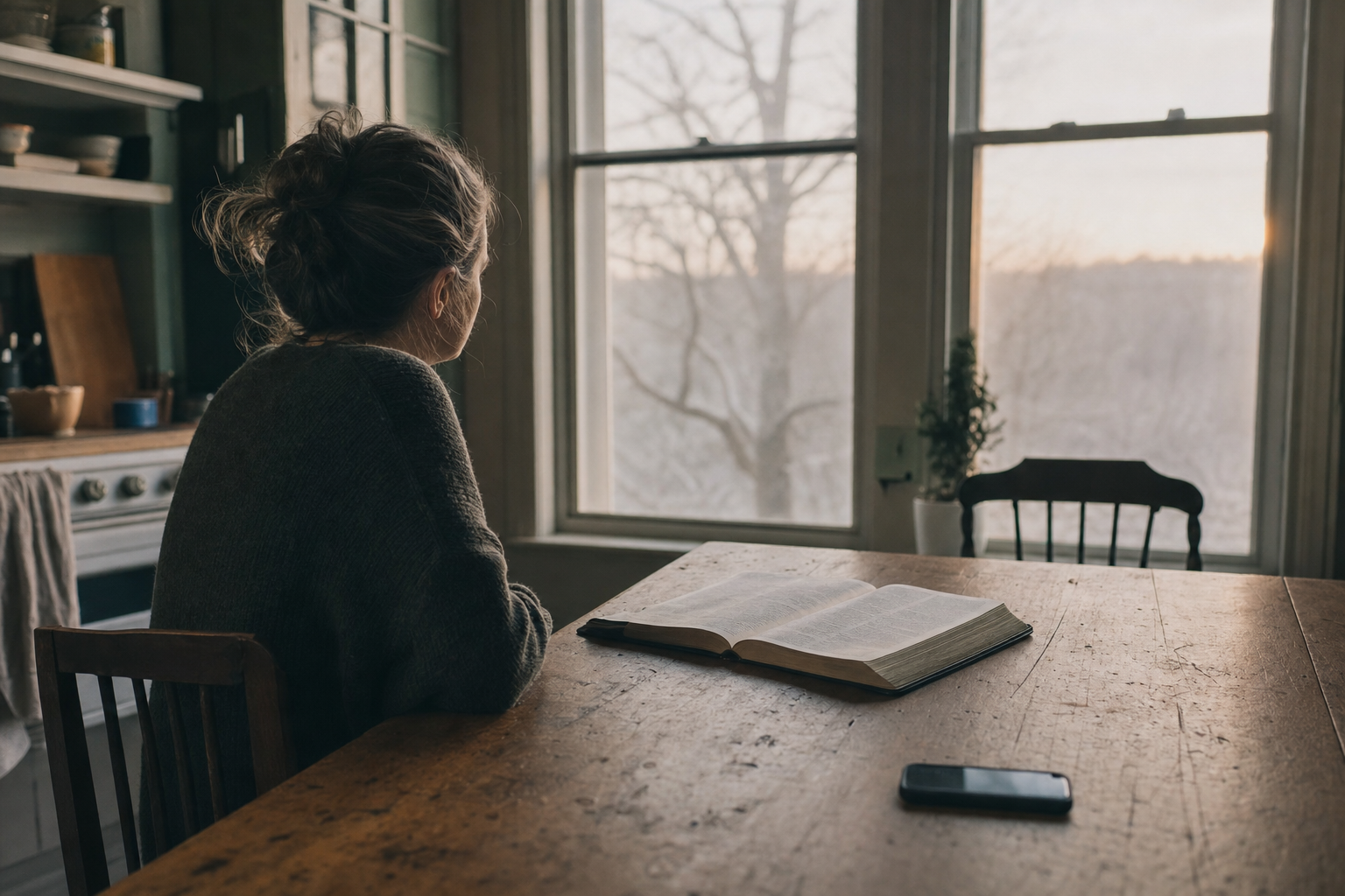 A person sits alone at a worn kitchen table in early morning light, face turned toward the window, with an open book nearby and a phone lying face-down at the table's edge.