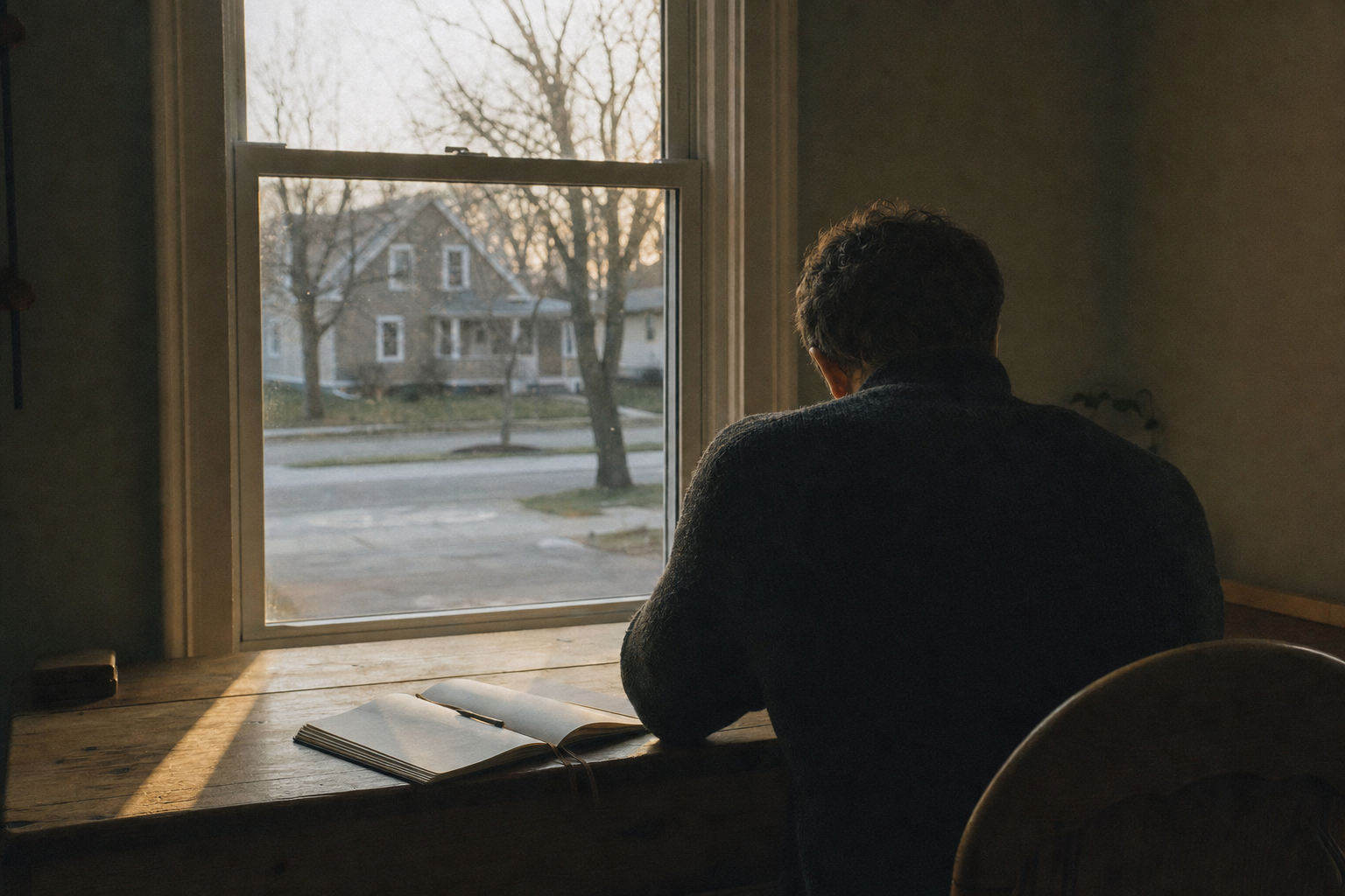 A person seen from behind sits at a weathered wooden desk near a large window in early morning light, an open notebook and pen beside them.