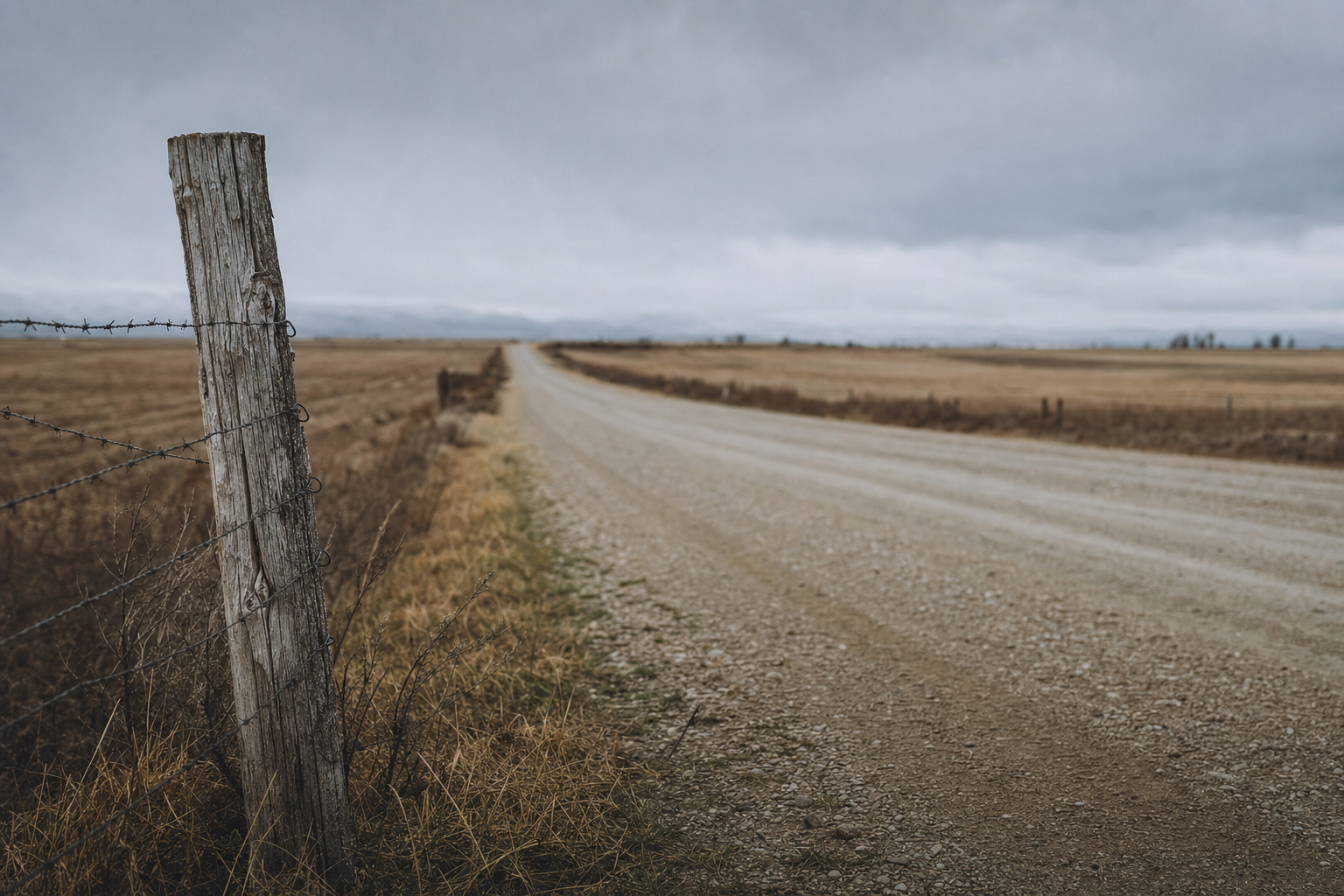 A long empty gravel road stretches into a flat grey landscape beside a weathered wooden fence post under overcast light.