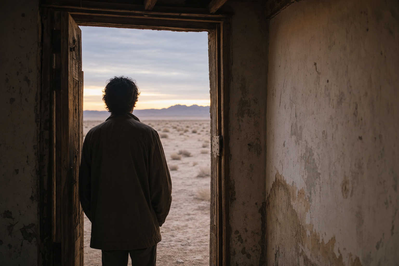 A lone figure stands in a weathered open doorway looking out over a vast desert landscape in early morning light.