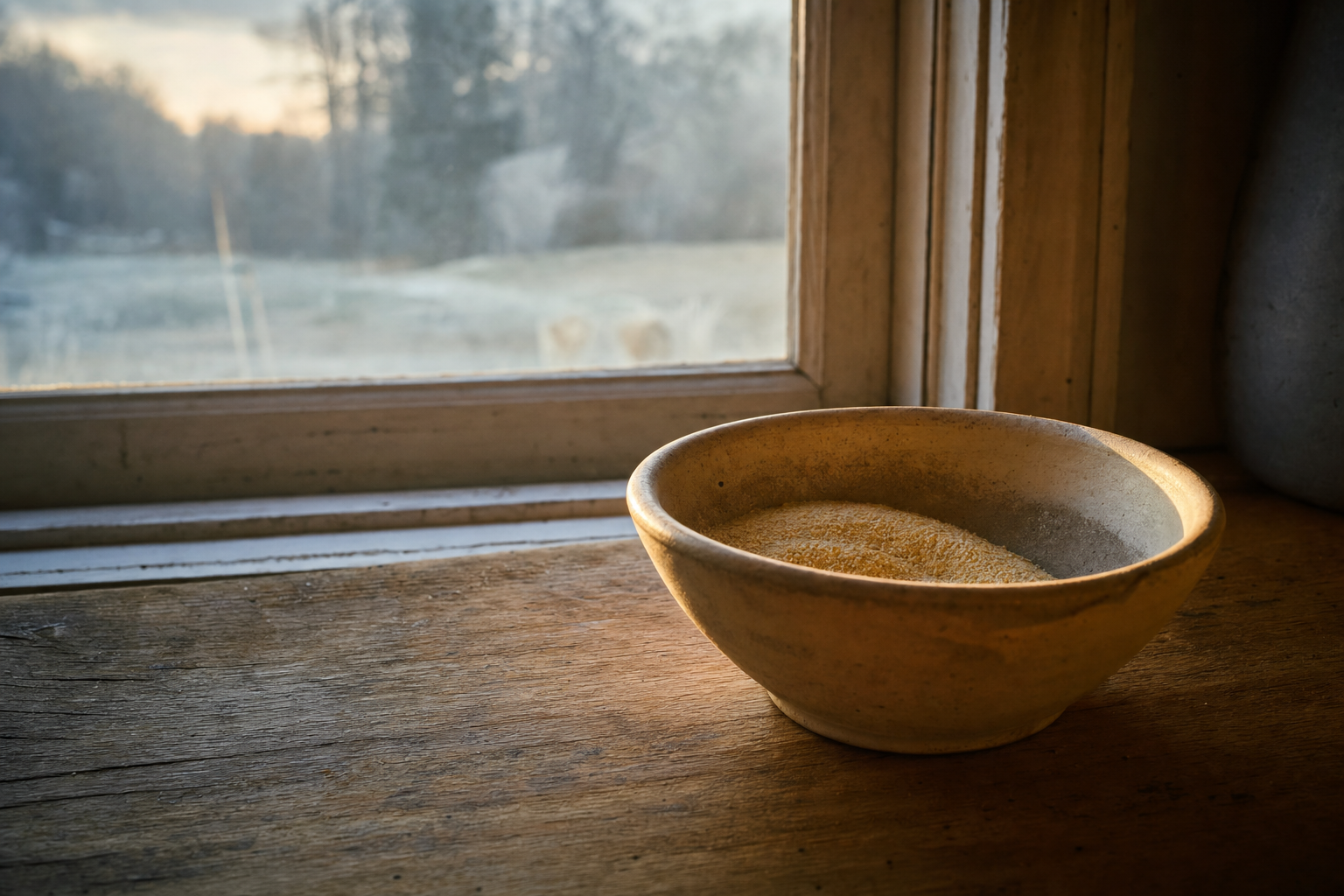 A small ceramic bowl on a worn wooden table near a window in early morning light, with pale dawn visible outside.