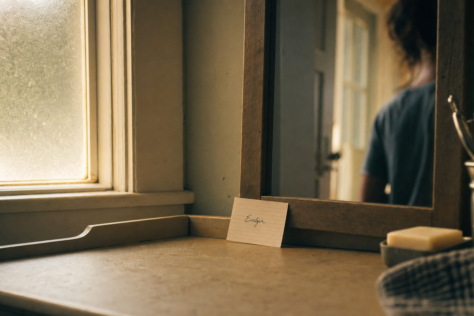 A handwritten name on an index card propped against a bathroom mirror in warm morning window light.