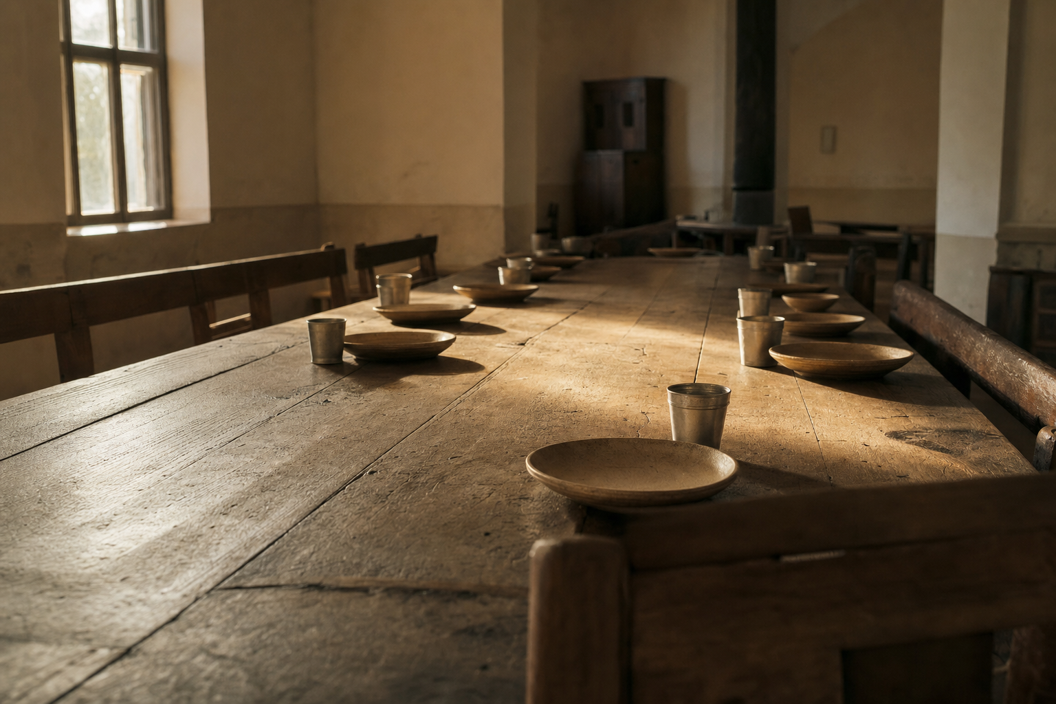 A long bare wooden dining table in early morning window light, set with empty earthenware plates and tin cups stretching into soft focus.