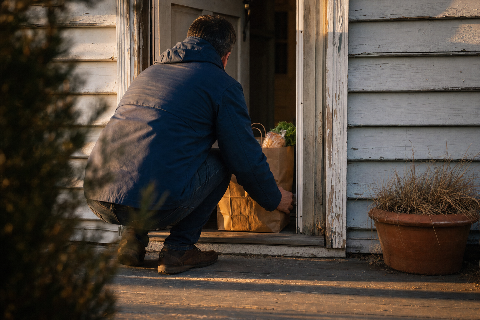 A person in a blue jacket seen from behind, setting a grocery bag on a worn wooden porch step in early morning light.
