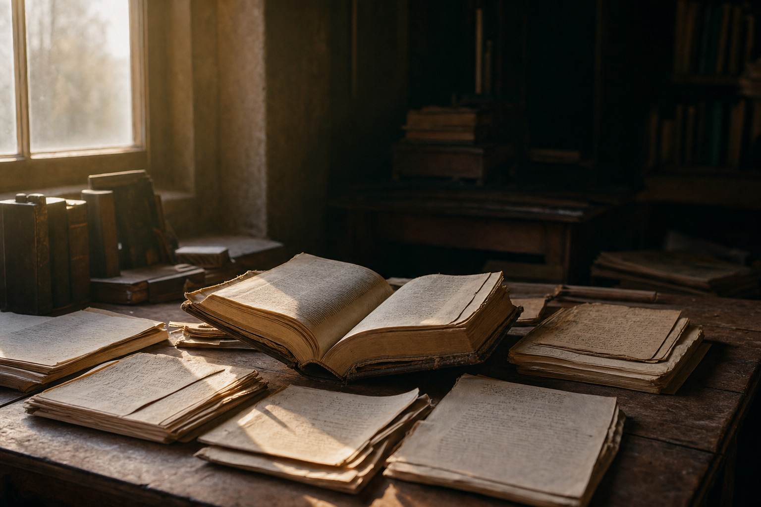 Aged manuscript pages and an open leather-bound book spread across a worn wooden table in low morning window light.