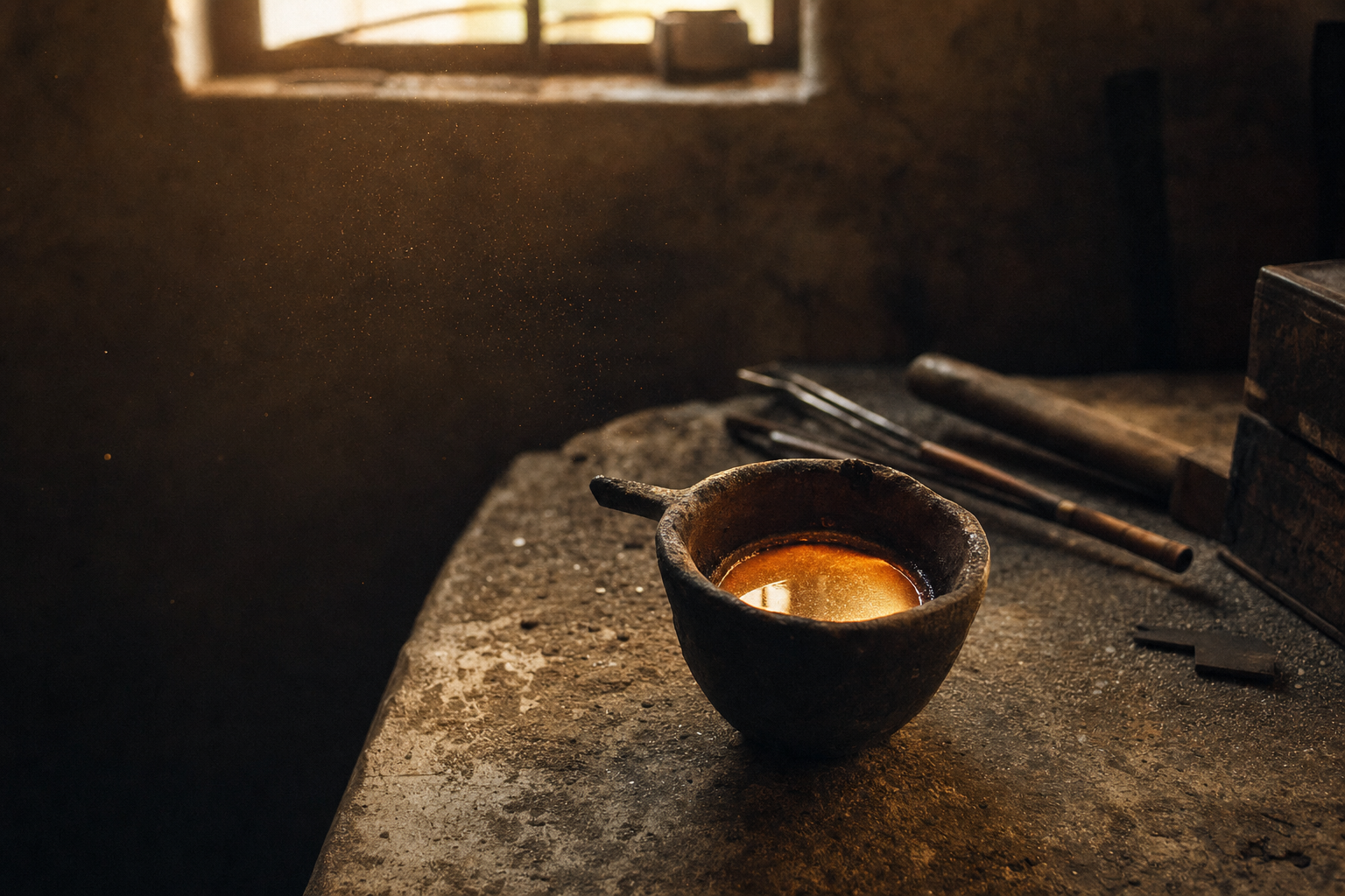 A small blackened crucible on a worn stone workbench glowing with molten metal, lit by a single shaft of warm afternoon light in a dim workshop.