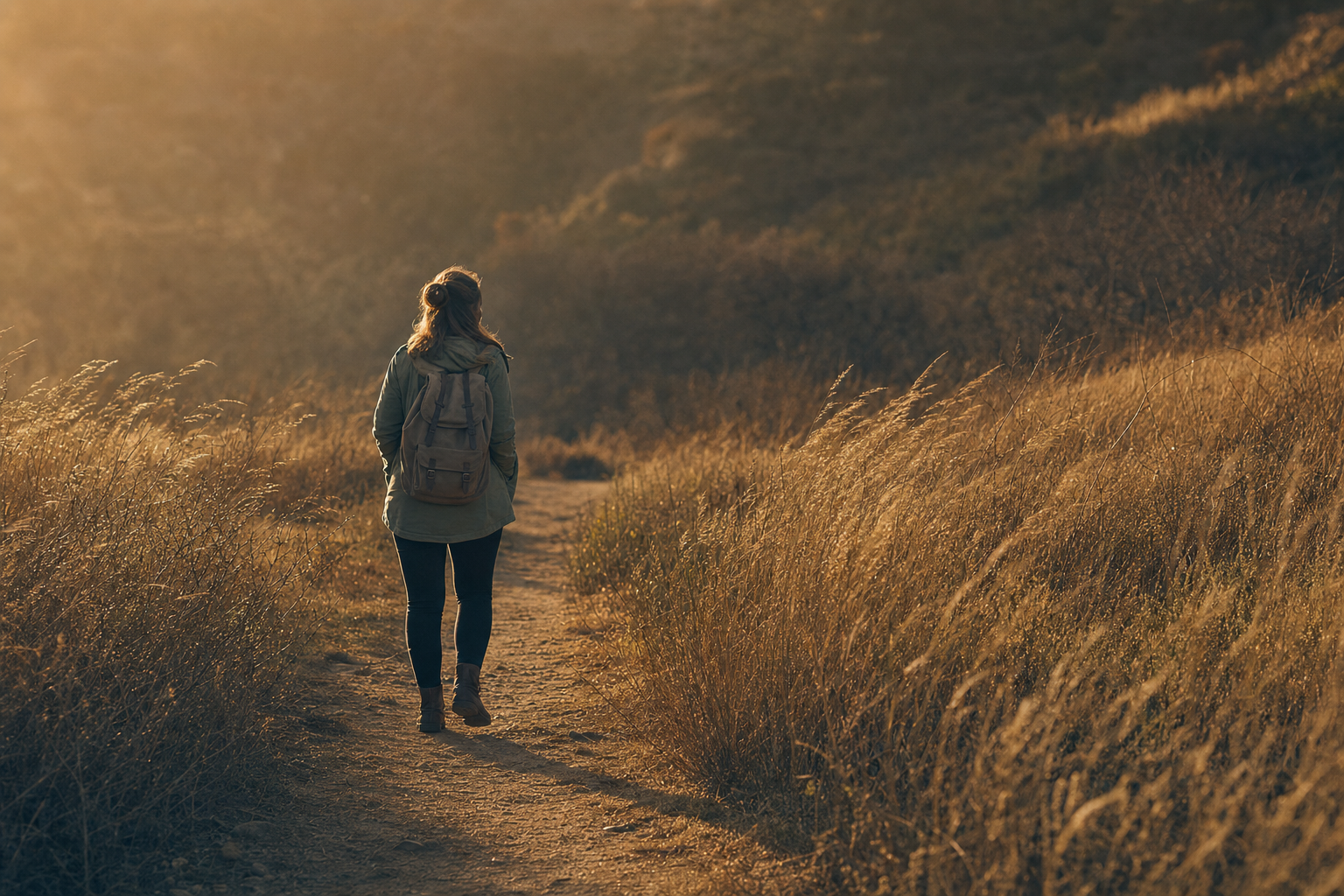 A person seen from behind paused on a narrow dirt path through tall golden grass, the trail disappearing into soft shadow ahead.