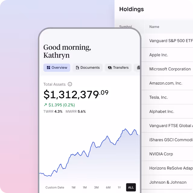 Investment portfolio dashboard showing total assets of $1,312,379.09 with a 0.2% increase, a line chart of asset growth, and a holdings list including companies like Apple, Microsoft, Amazon, Tesla, and NVIDIA.