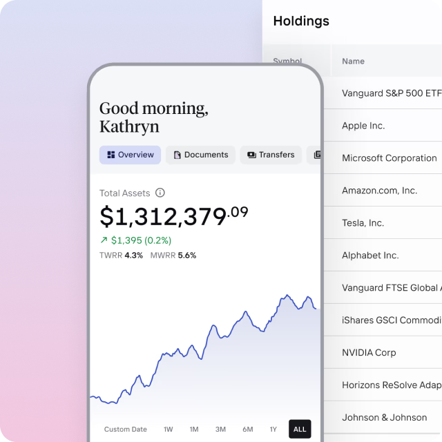 Investment portfolio dashboard showing total assets of $1,312,379.09 with a 0.2% increase, a line chart of asset growth, and a holdings list including companies like Apple, Microsoft, Amazon, Tesla, and NVIDIA.