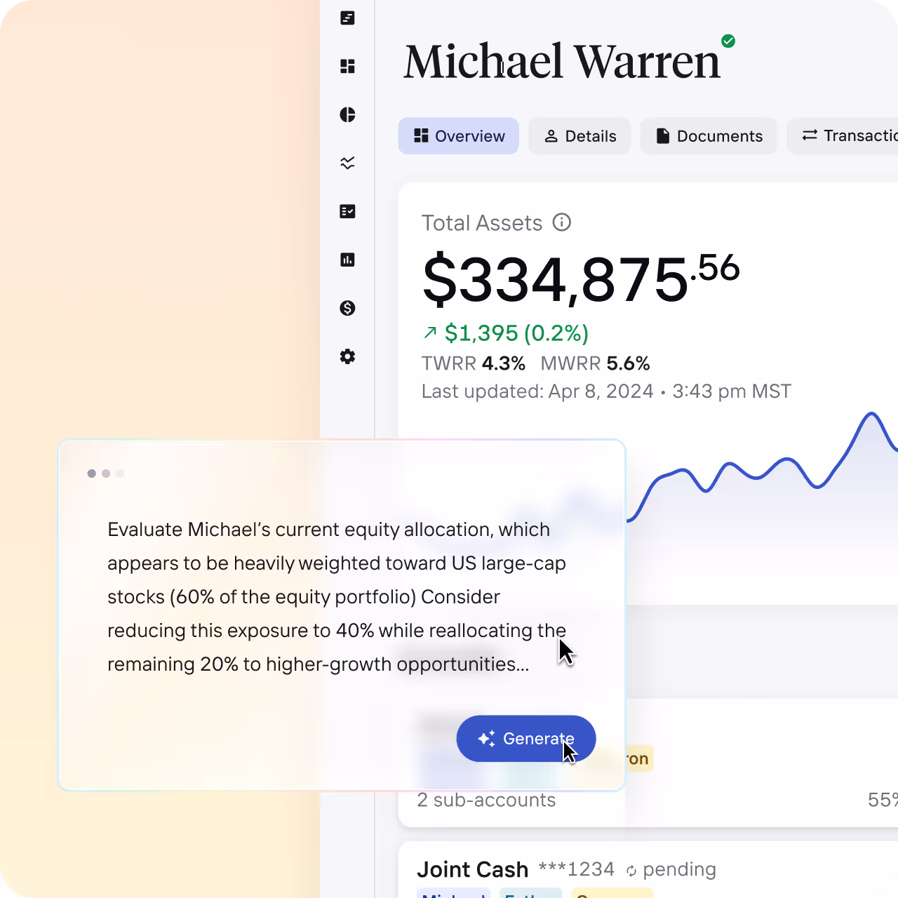 Financial dashboard showing Michael Warren's total assets of $334,875.56 with recent gains, tabs for Overview, Details, Documents, Transactions, and a note suggesting reallocation of equity from US large-cap stocks to higher growth opportunities.