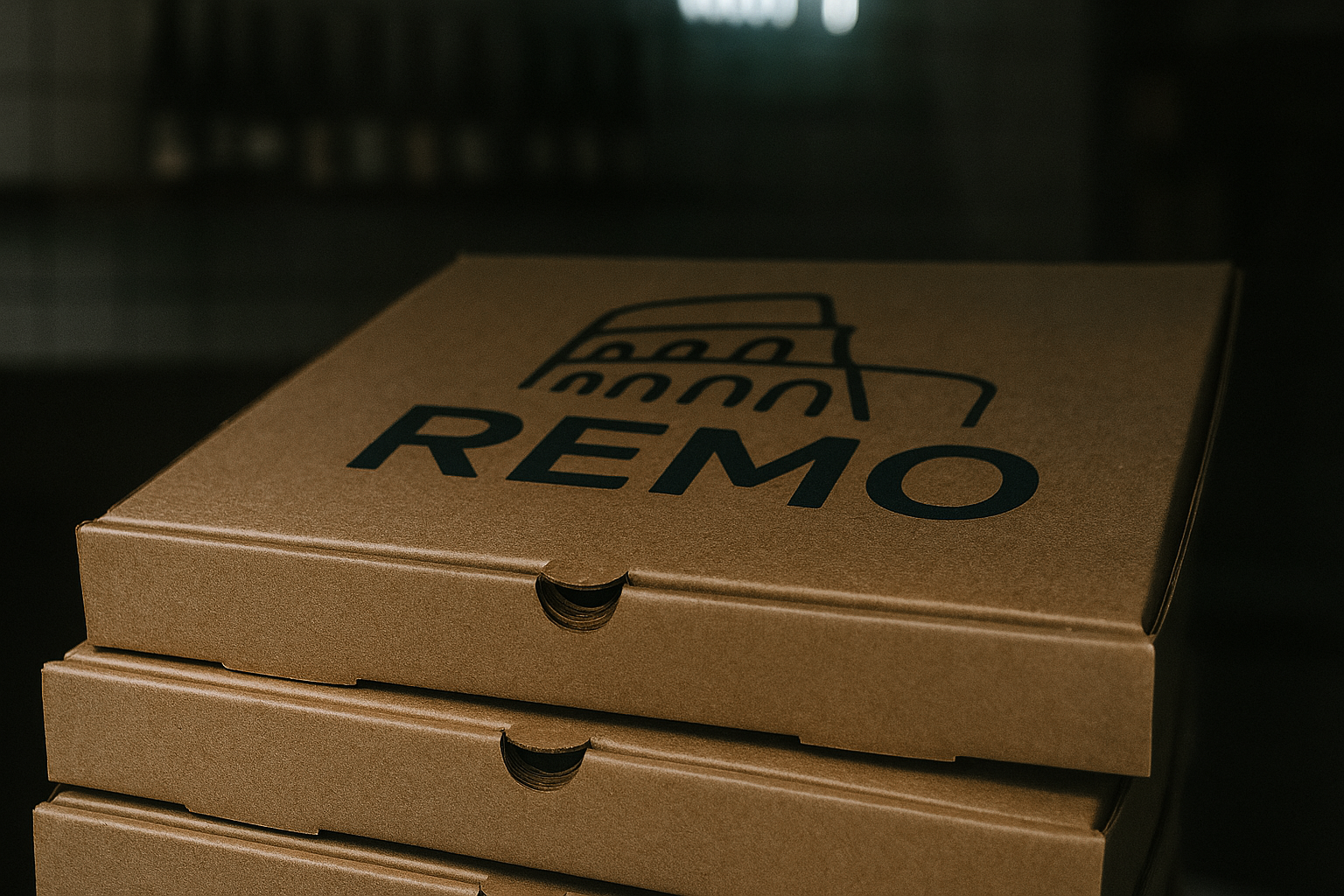 Remo pizza box packaging mockup – authentic brand identity by Recreate