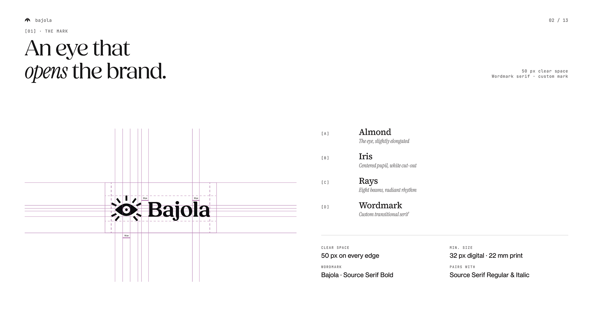 Konstrukcja znaku graficznego Bajola — siatka proporcji logo z elementami: migdał, tęczówka, promienie i wordmark. Projektowanie logo, Recreate Studio Wrocław