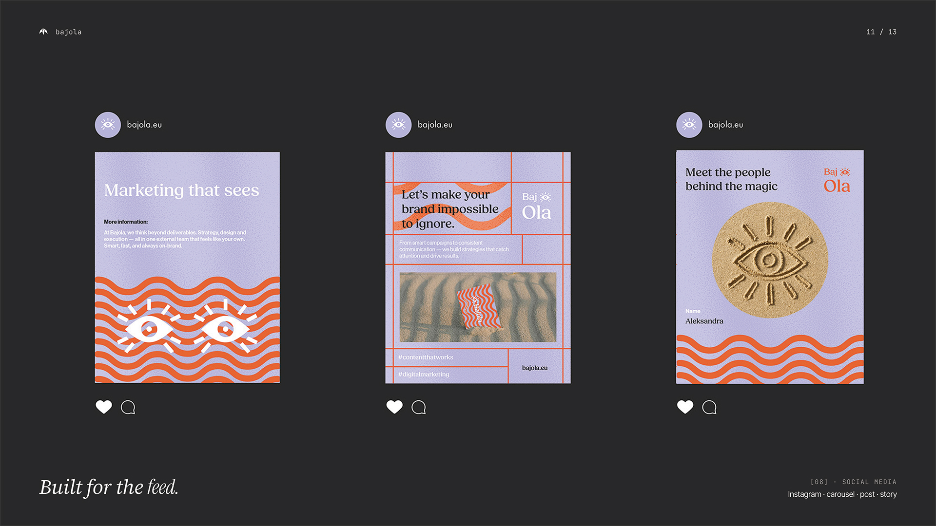 Szablony postów Instagram dla Bajola — karuzela, post i story w spójnym systemie identyfikacji wizualnej. Social media design, studio graficzne Recreate