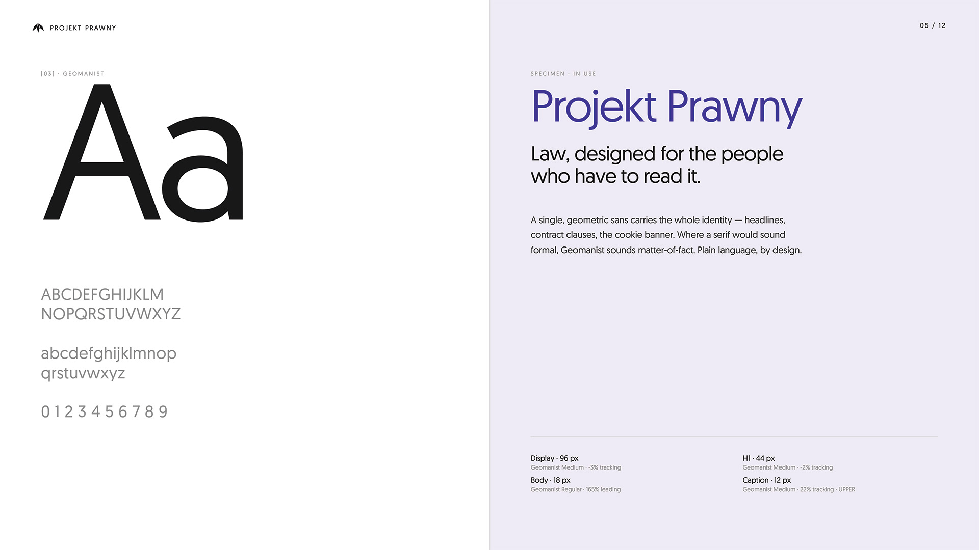 Typografia identyfikacji wizualnej Projekt Prawny — krój Geomanist Medium i Regular. System typograficzny dla legal design, studio graficzne Recreate Wrocław