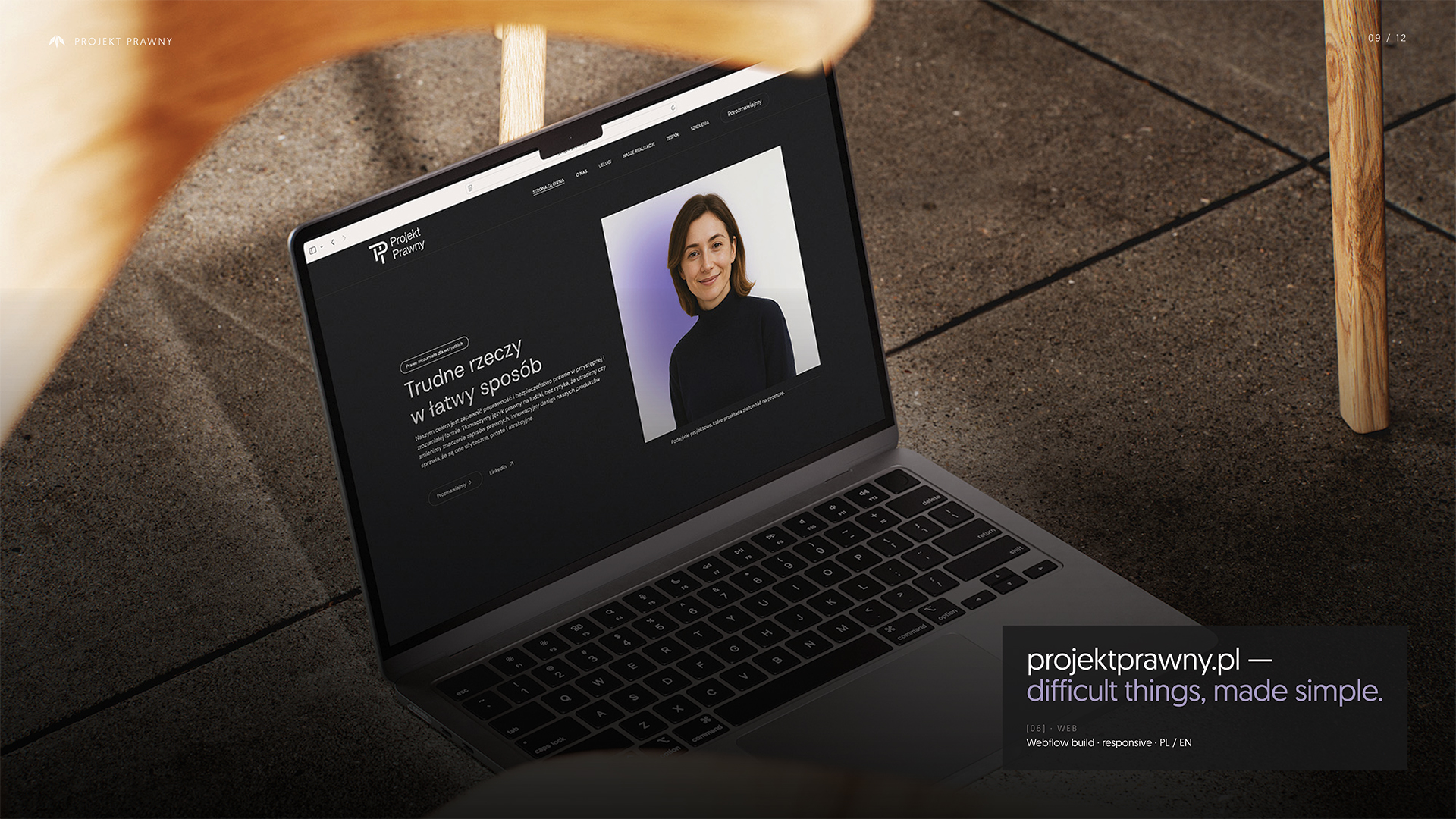 Strona internetowa projektprawny.pl zbudowana w Webflow przez Recreate — responsywna, dwujęzyczna (PL/EN), minimalistyczny design dla kancelarii prawnej