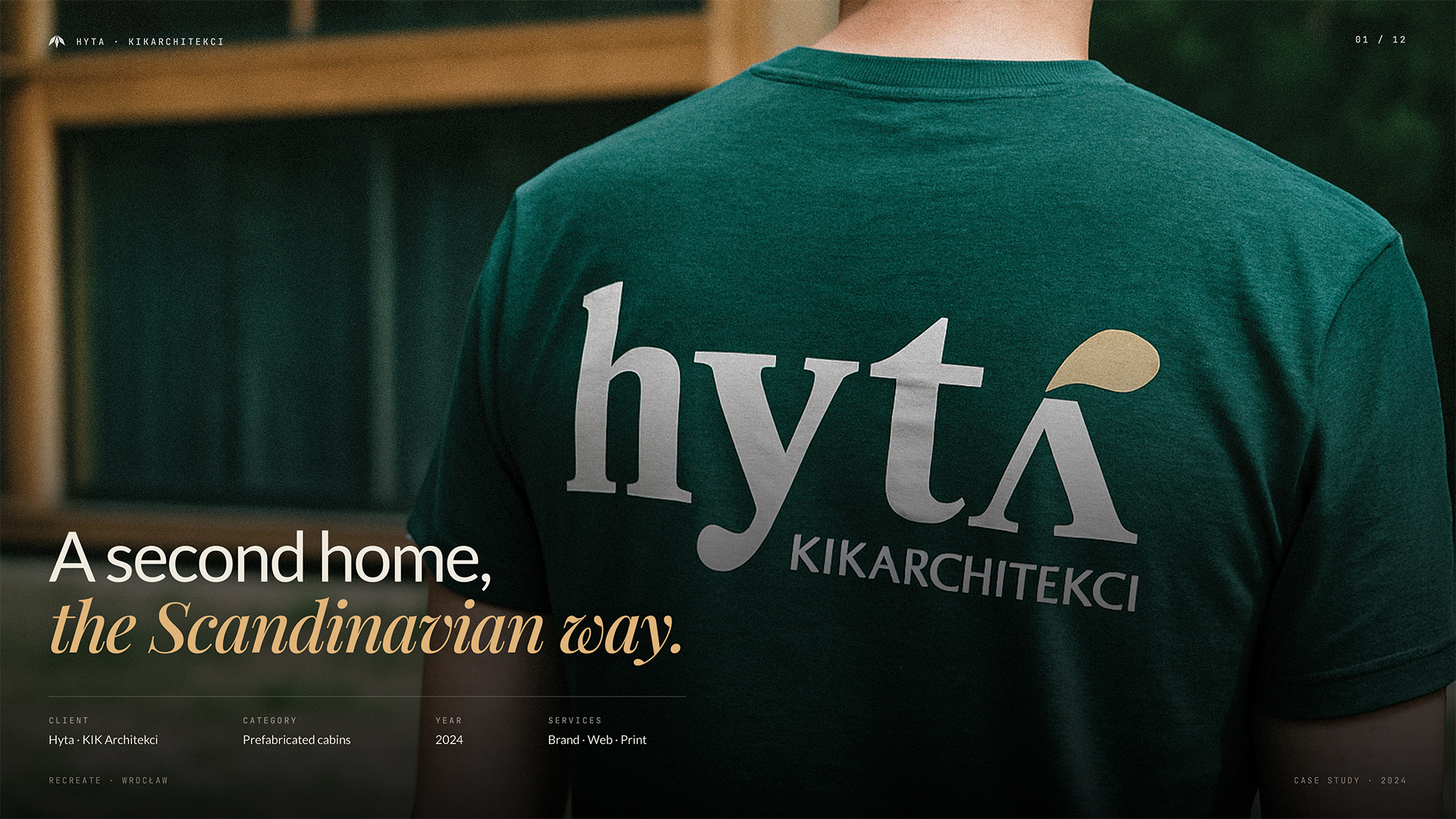 Identyfikacja wizualna Hyta KIK Architekci — logo na zielonej koszulce zespołu, branding dla producenta prefabrykowanych domów letniskowych. Studio graficzne Recreate Wrocław