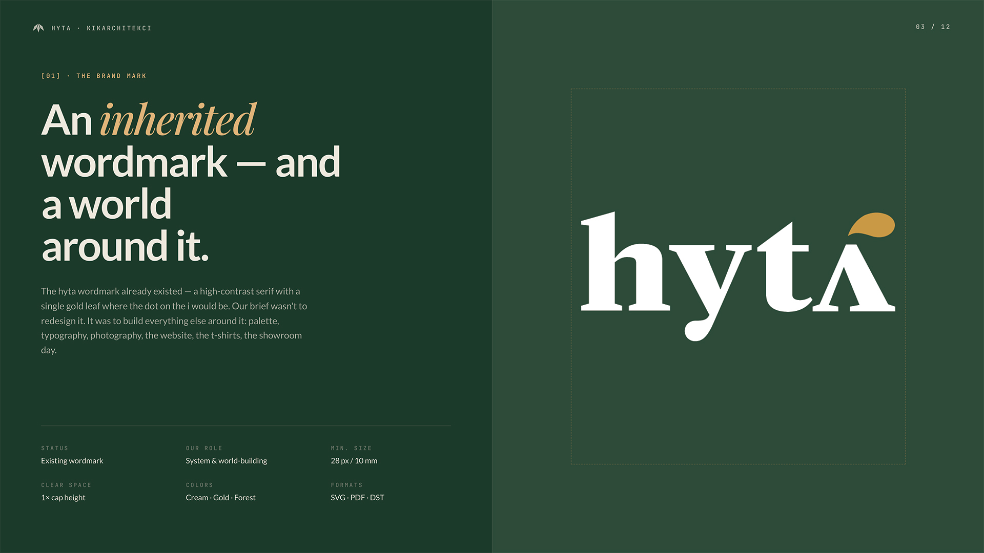 nak graficzny Hyta — wordmark z wysokim kontrastem i złotym liściem zamiast kropki nad i. Identyfikacja wizualna dla architektury, studio Recreate Wrocław