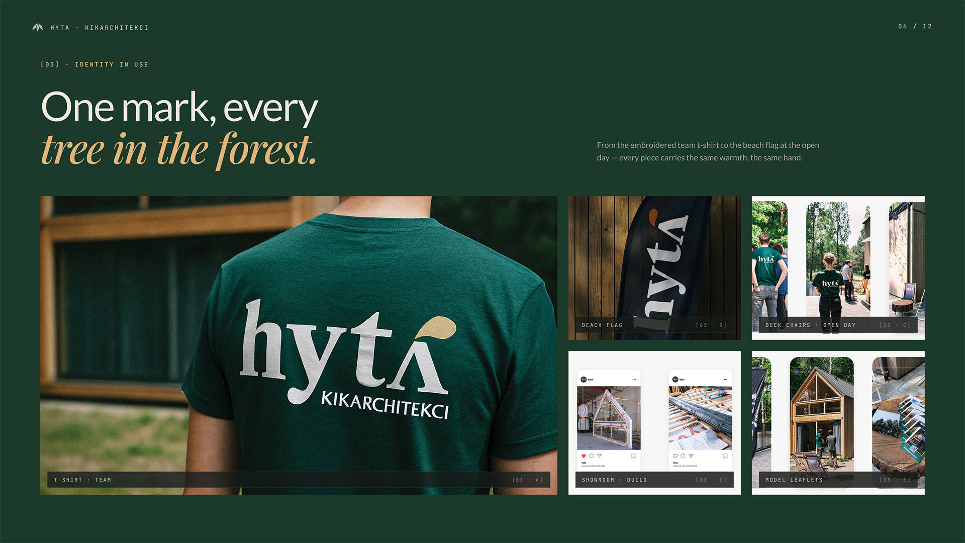 System identyfikacji wizualnej Hyta w użyciu — koszulka, flaga beach, krzesła na dzień otwarty, posty Instagram i ulotki modelowe. Branding architektoniczny, Recreate