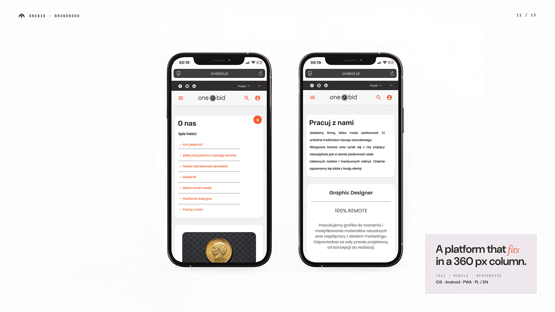Responsywna wersja mobilna platformy onebid.pl na iPhone — iOS, Android i PWA, dwujęzyczna PL/EN. Mobile web design, studio graficzne Recreate