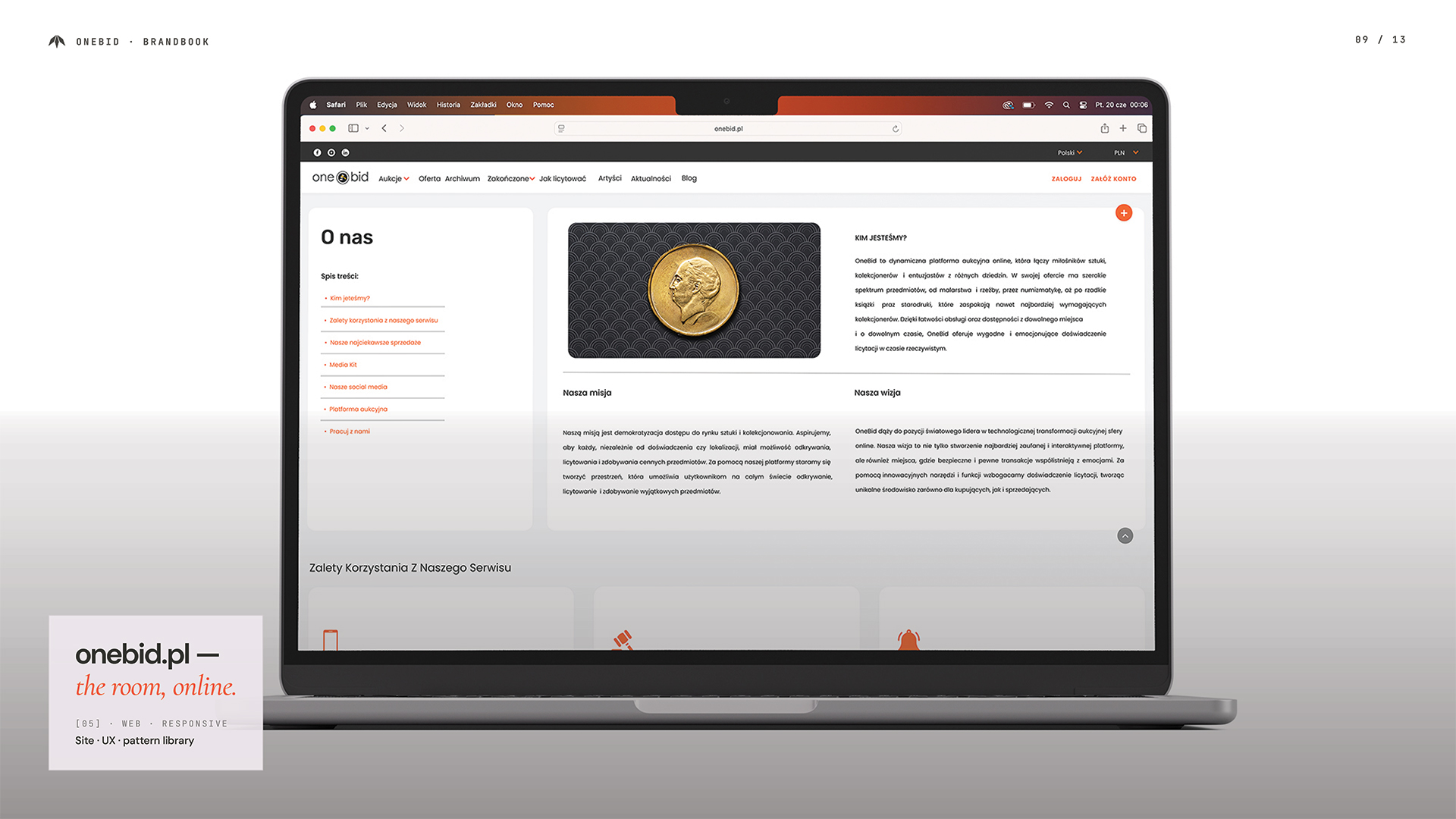 Strona internetowa onebid.pl zaprojektowana przez Recreate — responsywna platforma aukcyjna online z UX design i biblioteką komponentów