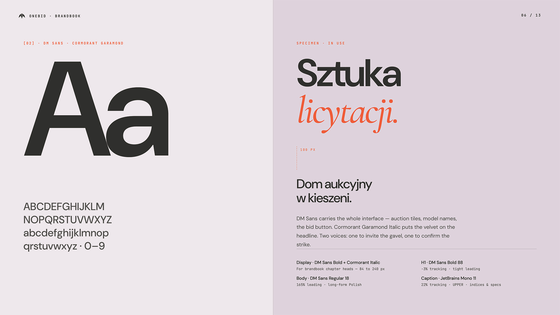 Typografia identyfikacji wizualnej OneBid — DM Sans Bold i Cormorant Garamond Italic. System typograficzny dla platformy aukcyjnej, Recreate Studio