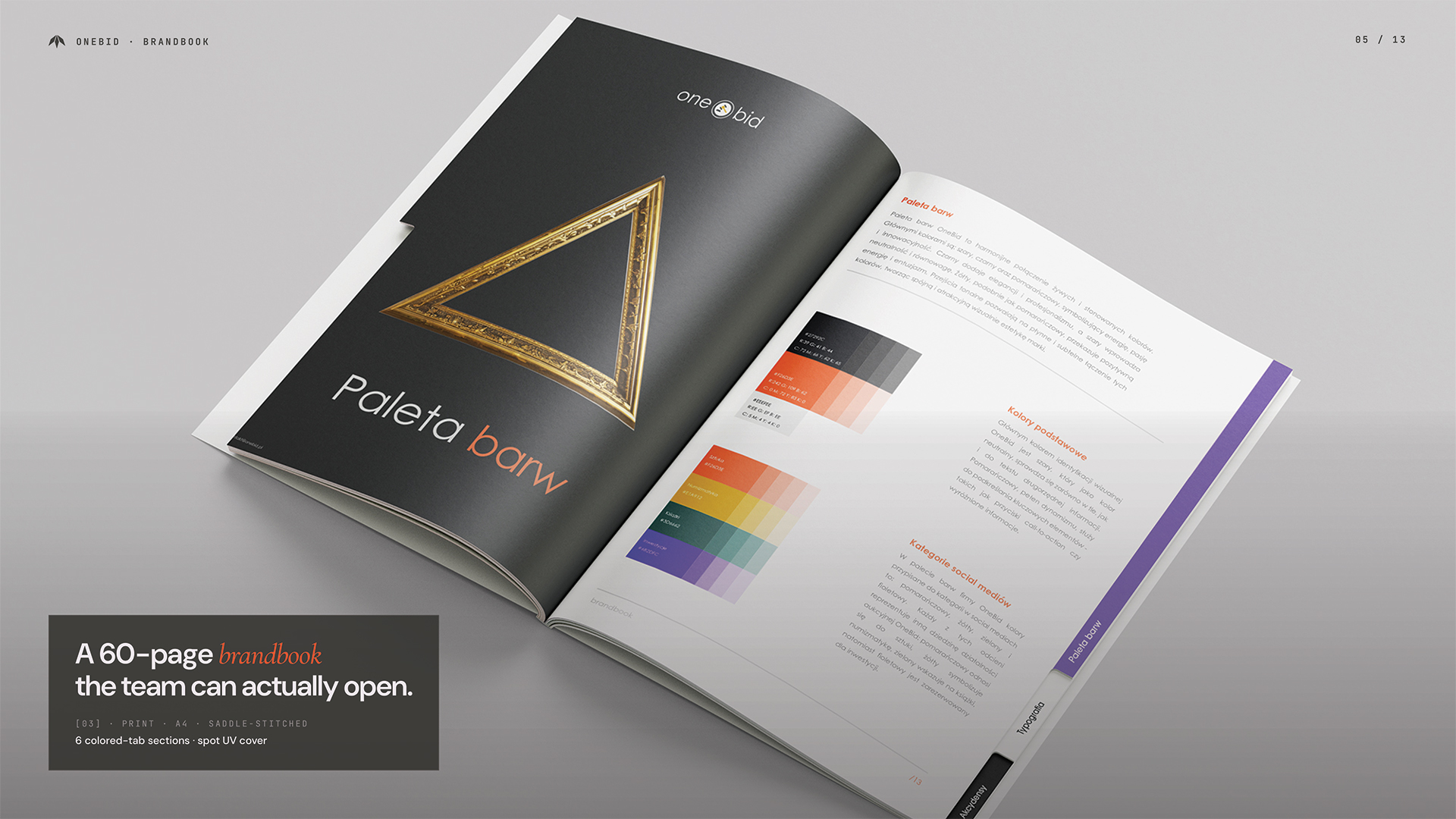 Brandbook OneBid — 60-stronicowa księga znaku drukowana A4 z zakładkami kolorowymi i okładką ze spot UV. Print design, studio graficzne Recreate Wrocław
