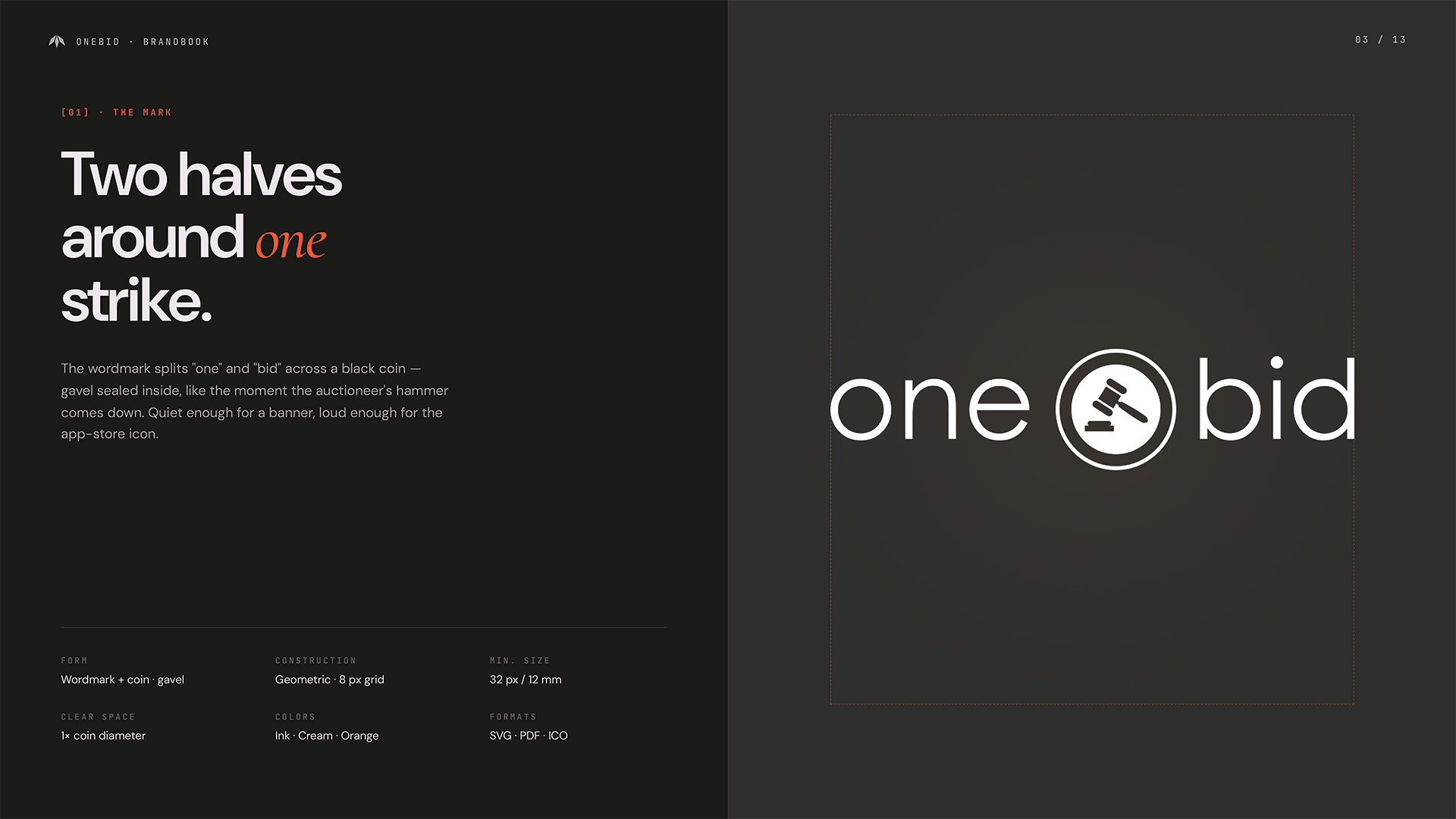 Znak graficzny OneBid — wordmark z młotkiem aukcjonera wpisanym w okrąg monety. Projektowanie logo dla platformy e-commerce, studio Recreate Wrocław