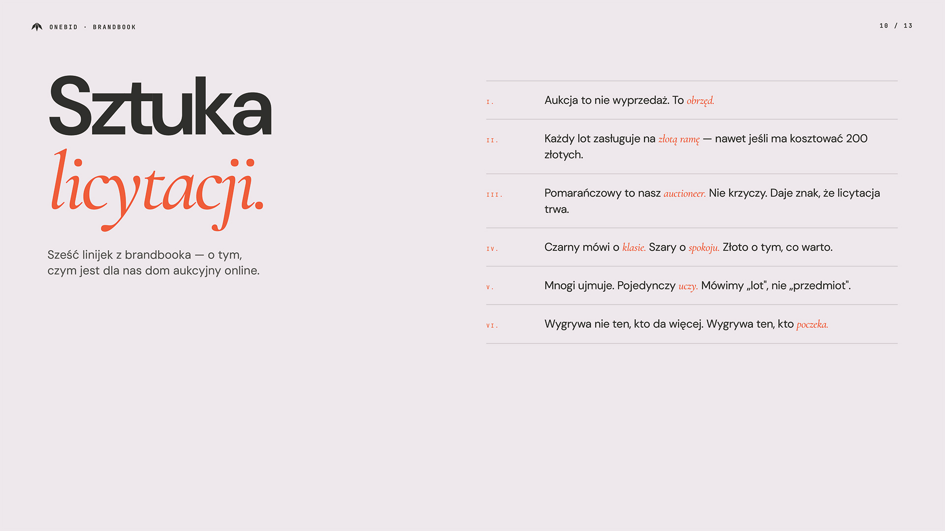 Manifest marki OneBid — sześć zasad domu aukcyjnego online. Brand strategy i identyfikacja werbalna dla platformy aukcyjnej, studio Recreate Wrocław
