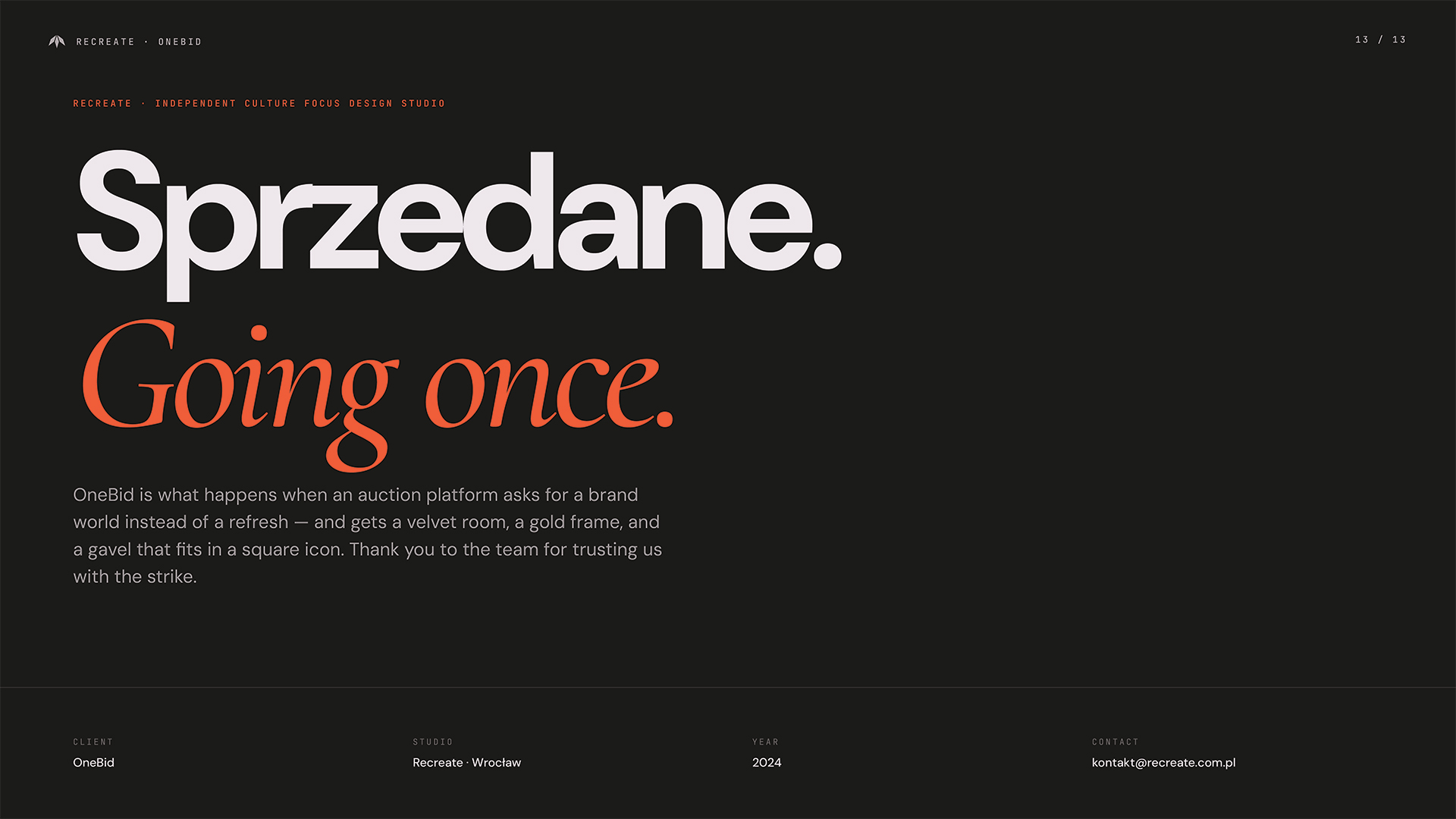Case study OneBid — kompleksowy branding, brandbook, strona internetowa i aplikacja mobilna dla platformy aukcyjnej online. Studio graficzne Recreate, Wrocław 2024